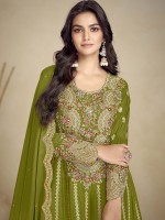 Olive Green Real Chinon Party Wear Sharara Suit